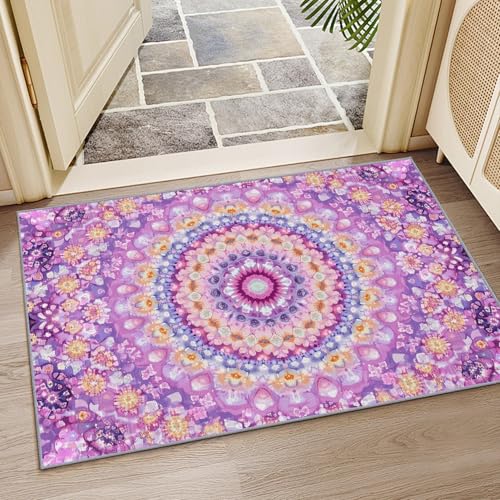 YEGRFJIS Boho Rosa Lila Farbverlauf Psychedelisch Teppich 60x180cm Kaschmir-Imitat Wohnzimmer, Blumig Kurzflor rutschfest Pflegeleicht Teppiche Für Jugendzimmer Schlafzimmer, Rosa Violett von YEGRFJIS