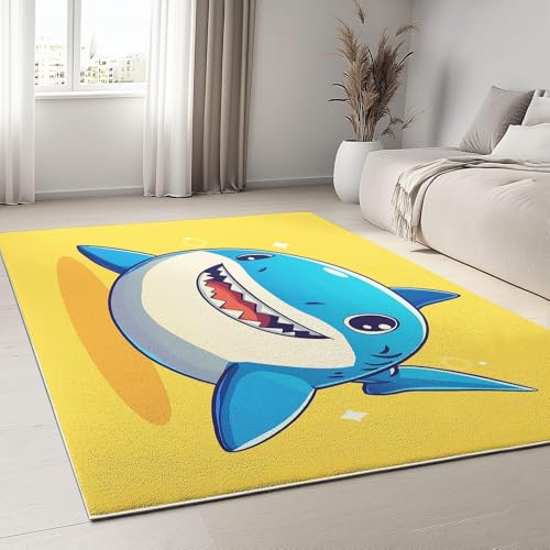 YEGRFJIS Cartoon Hai Moderner 3D-Druck Wohnzimmer Teppich, Kurzflor Teppich Schlafzimmer, Waschbar Super Weich Langlebig Rutschfester Teppichen für Kinderzimmer, Esszimmer, Gelb(180x275cm/Multicolor) von YEGRFJIS