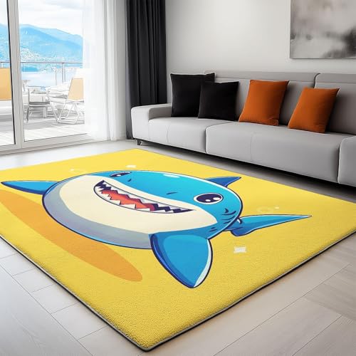 YEGRFJIS Cartoon Niedlich Tier Hai Bedruckter, Kurzflor Teppich Schlafzimmer, Waschbar Super Weich Langlebig Rutschfester Teppichen für Kinderzimmer, Esszimmer, Gelb(50x80cm/Multicolor) von YEGRFJIS