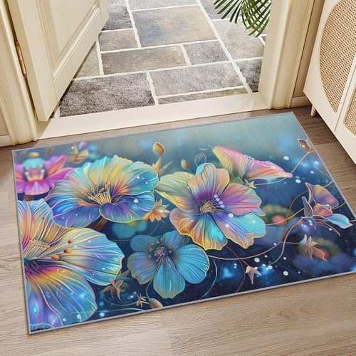 YEGRFJIS Floral Teppich Wohnzimmer, Fantasy Blumen Künstler Kaschmir-Imitat Teppiche, Botanisch Waschbar Kurzflor Groß Teppiche Für Schlafzimmer Kinderzimmer, Violett Türkis(40x100cm/Multicolor) von YEGRFJIS