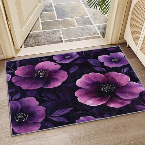 YEGRFJIS Floral-Teppich für Wohnzimmer, Luxus-Klassischer Botanischer Rutschfestes Kaschmir-Imitat Groß-Kurzflor-Teppich Waschbar, Violett – Für Schlafzimmer & Kinderzimmer(60x90cm/Multicolor) von YEGRFJIS