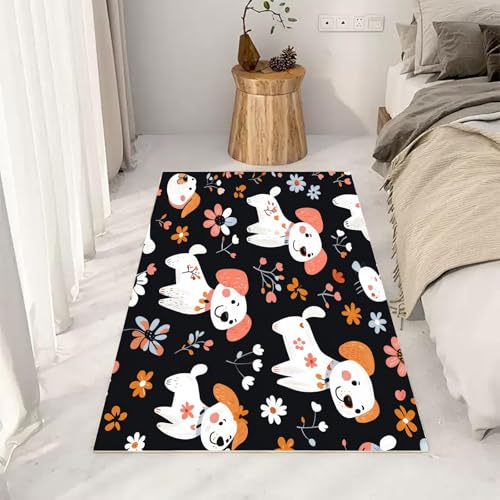 YEGRFJIS Gemaltes Hund-Tier-Teppich für Wohnzimmer, Flauschiger Waschbarer Moderner Rutschfester Kurzflor-Teppich Blumen-Muster (Schwarz) – Für Esszimmer, Küche & Schlafzimmer(50x160cm/Multicolor) von YEGRFJIS