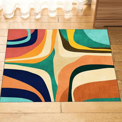 YEGRFJIS Geometrischer Abstrakt Tepich Carpet Bedroom Salon Teppich Rot Gestreiftes Abstraktes Muster KinderzimmerRutschfester Waschbarer Kleiner Teppich – Für Babyzimmer(80x120cm/Multicolor) von YEGRFJIS