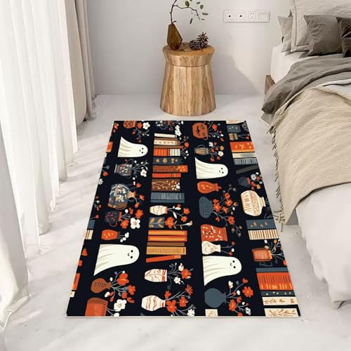 YEGRFJIS Halloween-Kürbis-Laterne-Geist-Teppich, Waschbarer Rutschfester Teppich mit Retro-Blumenständer-Muster – Für Wohnzimmer, Schlafzimmer, Küche, Flur & Esszimmer(95x250cm/Multicolor) von YEGRFJIS