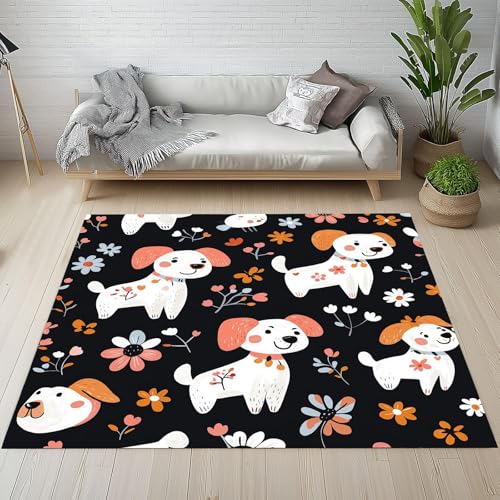 YEGRFJIS Hund-Karikatur Kaschmir-Imitat-Teppich mit Pflanzen-Blumenmuster, Waschbarer Rutschfester Weicher Kurzflor-Teppich für Schlafzimmer, Wohnzimmer, Esszimmer & Kinderzimmer(150x180cm/Multicolor) von YEGRFJIS
