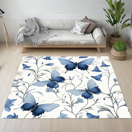 YEGRFJIS Kinderteppich mit Aquarell-Schmetterling-Muster, Für Kinderzimmer, Wohnzimmer & Schlafzimmer, Natürlicher Pflanzen-Botanik-Design Teppich, Kurzflor Antirutsch & Waschbar(120x170cm/Multicolor) von YEGRFJIS