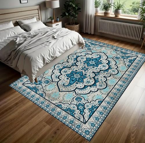 YEGRFJIS Klassischer Orientalischer Vintage-Teppich, Kaschmir-Imitat Blauer Boho-Stiliger Waschbarer Weicher Kurzflor-Teppich Groß & Klein – Für Wohnzimmer & Schlafzimmer(60x30cm/Multicolor) von YEGRFJIS