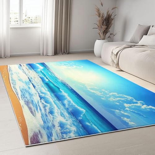 YEGRFJIS Küstenszene Blauer Himmel Wolken Teppich Weiche Antirutschunterlage Kurzflor Moderne Teppiche Schlafzimmer Blau Waschbarer läufer Kinderzimmer für Küche esszimmer(130x180cm/Multicolor) von YEGRFJIS