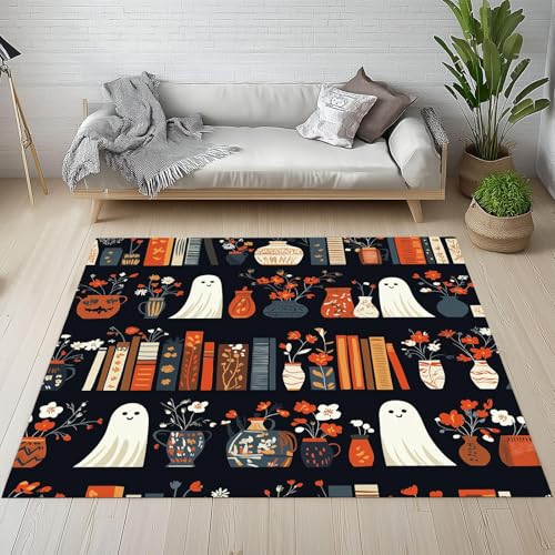 YEGRFJIS Kurze Flusen Halloween-Kürbis-Laterne-Geist-Teppich, Waschbarer Rutschfester Teppich mit Retro-Blumenmuster – Für Wohnzimmer, Schlafzimmer, Küche, Flur & Esszimmer(100x200cm/Multicolor) von YEGRFJIS