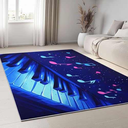 YEGRFJIS Lang rutschfest Wohnzimmer Teppich, Kurzflor Waschbar Dunkelblau Teppich Kaschmir-Imitat für Eingangsbereich Flur Cartoon Klaviernoten Streifen Schlafzimmer(200x320cm/Multicolor) von YEGRFJIS
