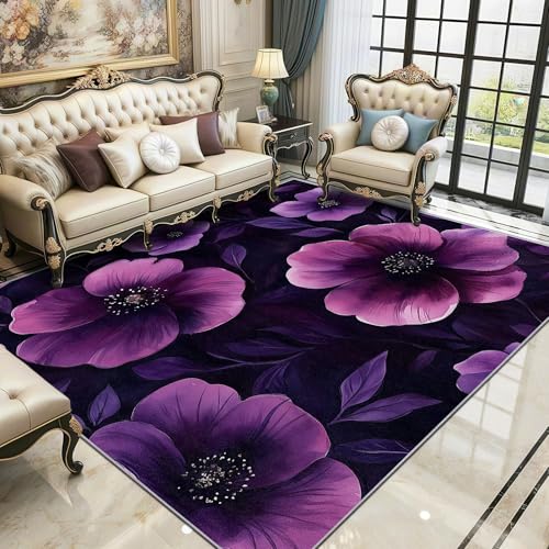 YEGRFJIS Lila-Blumen-Teppich, Für Heimdekoration & Geschenke, Vintage-Floraler Waschbarer Rutschfester Niedrigflor-Teppich – Für Wohnzimmer & Schlafzimmer(80x120cm/Multicolor) von YEGRFJIS