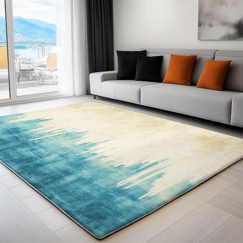 YEGRFJIS Moderne Waschbar Groß Wohnzimmer Weiche Kurzflor Teppiche, Beige Blau Abstract Aquarell Design rutschfeste Teppich für Schlafzimmer Esszimmer, Flur Deko(200x300cm/Multicolor) von YEGRFJIS