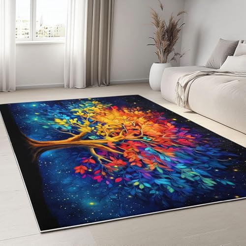 YEGRFJIS Ölgemälde-Sternenhimmel & Baum-Leben Teppich für Wohnzimmer, Supersoft Kurzflor-Teppich für Schlafzimmer, Waschbar Anti-Rutsch-Fußmatte für Jugendzimmer & Badezimmer(45x120cm/Multicolor) von YEGRFJIS