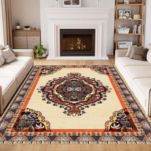 YEGRFJIS Retro-Blumenmuster-Wohnzimmer-Teppich, Anti-Rutsch, Kaschmir-Imitat Einfach zu Vakuumierender Rechteckteppich, Verblasst Nicht – Gelb & Schwarz(250x350cm/Multicolor) von YEGRFJIS