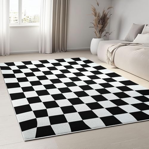 YEGRFJIS Schwarz-Weiß-Teppich für Wohnzimmer: Rutschfester Kurzflor-Kunstwolle-Teppich mit 3D-Optischer-Illusion-Schachbrett-Muster für Schlafzimmer, Esszimmer, Küche(180x290cm/Multicolor) von YEGRFJIS