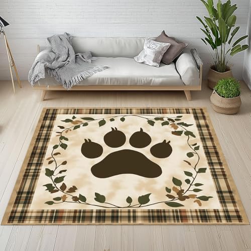YEGRFJIS Süße Pfotenabdruc Teppich Antirutsch Waschbar, Grüne Blätter Teppich Wohnzimmer Weich, Jahrgang Rural Teppiche Kurzflor Schlafzimmer, Kinderzimmer, Esszimmer(60x100cm/Multicolor) von YEGRFJIS