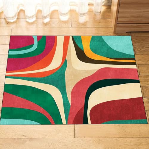 YEGRFJIS Teppich Esszimmer 3D Wohnzimmer Kleiner Teppich Wellenmuster Bunt, groß Farbe Rutschfester, langlebiger mit abstraktem Streifendesign Esszimmer oder Kinderzimmer(140x100cm/Multicolor) von YEGRFJIS
