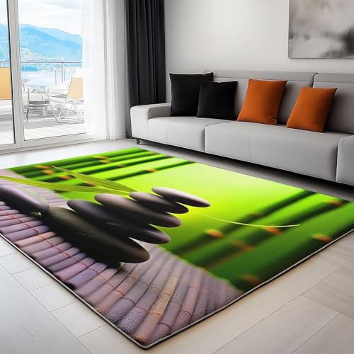 YEGRFJIS Teppich Kurzflor Modern Grüner Bambus Kieselsteine Teppich Wohnzimmer Waschbar, rutschfest, Natur-Zen-Stein-Motiv, für das Home Office oder den Esszimmer(160x160cm/Multicolor) von YEGRFJIS