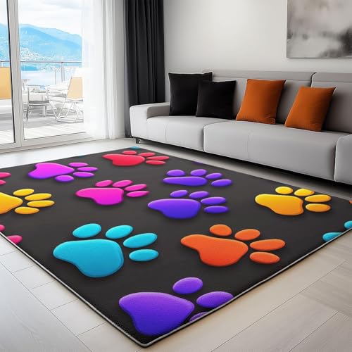YEGRFJIS Teppich Kurzflor Modern Teppich mit Buntem Hundepfoten-Aufdruck Wohnzimmer Waschbar, Super Weich rutschfest Flauschig Teppiche für Schlafzimmer Esszimmer Kinderzimmer(50x80cm/Multicolor) von YEGRFJIS
