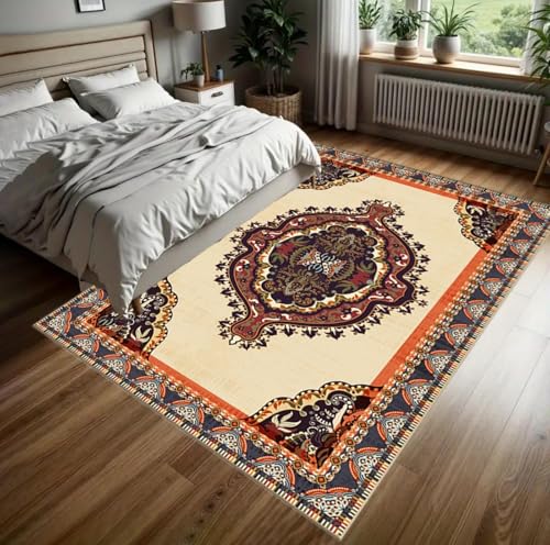 YEGRFJIS Traditioneller Beiger Retro-Klassischer Wohnzimmer-Teppich, Großer rutschfest Atmungsaktiver Waschbarer Strapazierfähiger Teppich – Für Schlafzimmer & Esszimmer(50x80cm/Multicolor) von YEGRFJIS