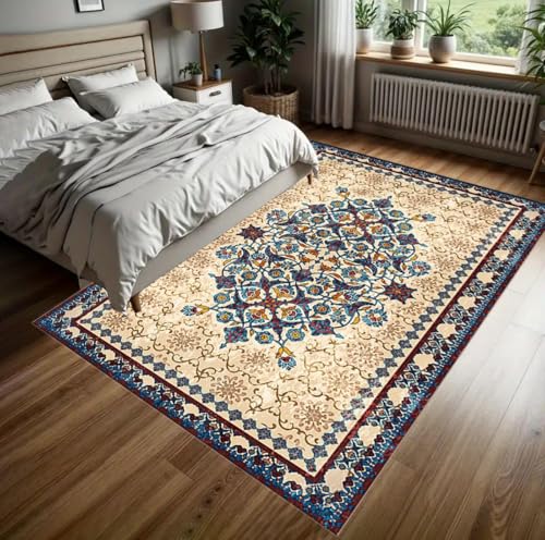 YEGRFJIS Vintage-Ethnischer Kaschmir-Imitat-Teppich Quadratisch, Bunt Gemustert Bedruckter Antirutsch-Waschbarer Teppich – Für Wohnzimmer & Schlafzimmer Grün Rot Beige(60x30cm/Multicolor) von YEGRFJIS