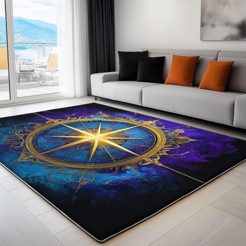 YEGRFJIS Waschbarer Teppich mit Goldener Kompass, Moderner 3D-Druck Kaschmir-Imitat-Teppich, rutschfeste Kurzflor-Matte für Flur, Eingangsbereich & Wohnzimmer(250x250cm/Multicolor) von YEGRFJIS