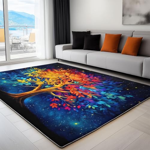 YEGRFJIS Wohnzimmer-Kaschmir-Imitat Teppich Bunter Lebensbaum-Muster, Großer Flauschiger Kurzflor, Waschbarer Moderner rutschfest-Teppich für Esszimmer, Küche & Schlafzimmer(200x320cm/Multicolor) von YEGRFJIS