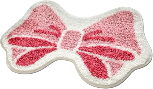 YEHOOM Pink Bow Badezimmerteppich, 40 x 60 cm, unregelmäßiger Teppich, flauschige Badematte, rutschfeste Bodenmatte mit 8-facher Saugfähigkeit, für Badezimmer & Schlafzimmer, Geschenk für Mädchen von YEHOOM