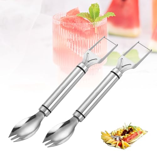 YEJAHY 2 Stück 2 IN 1 Obstschneider aus Edelstahl, Doppelkopf Wassermelonen Schneider, Doppelkopf-Fruchtgabeln-Schneidemesser Für Zuhause, Party, Camping, Küchengerät von YEJAHY