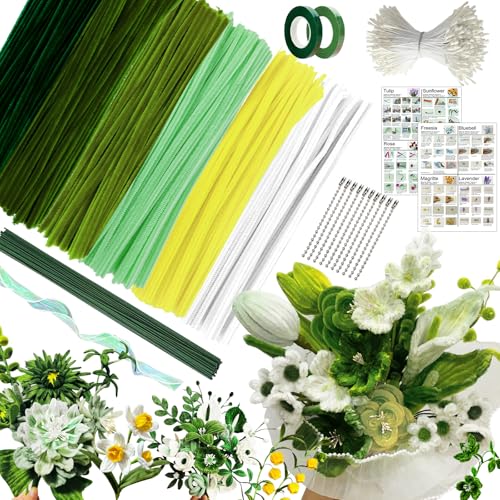YEJIKJ Pfeifenreiniger Blumen Set, 300 Stück Pfeifenputzer zum Basteln Blumen(6 Farben), Eukalyptus Deko Blumenstrauß Diy Set, Pfeifenputzer Blumen mit Blumenband,Geschenkband von YEJIKJ