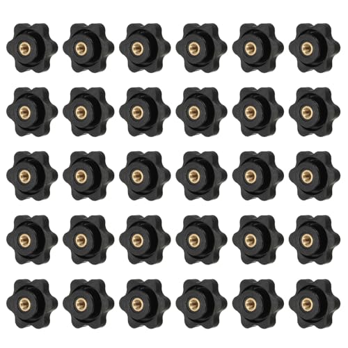 YELARXI Klemmmuttern, Knauf, Kunststoff, zum Anschrauben, Messing, Sternknäufe, gerändelt, M4, Innengewinde, Sechskantkopf, 2,5 cm Kopfdurchmesser, passend für Rasenmäher-Griffmaschinen (30 Stück von YELARXI