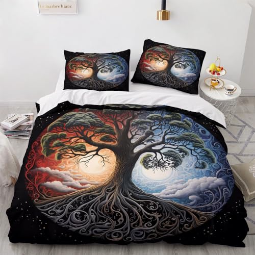 Bettwäsche 140x200 Baum des Lebens - Yin und Yang Bettbezug 140 x 200 2er Set mit 1 Kissenbezug 80x80 cm, Weich Mikrofaser Bettwäsche-Sets mit Reißverschluss von YELDAN