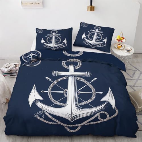 YELDAN Bettwäsche 135x200 Anker, Nautisch Bettbezug, Bettwäsche-Sets 2 teilig, Weich & Bügelfrei Mikrofaser Wendebettwäsche und 1 Kissenbezug 80x80 mit Umschlag von YELDAN