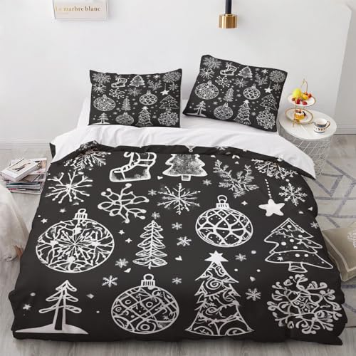 YELDAN Bettwäsche 155x220 Weihnachten - Schwarz Weiß Bettbezug 155 x 220 3er Set mit 2 Kissenbezüge 80x80 cm, Weich Mikrofaser Bettwäsche-Sets mit Reißverschluss von YELDAN