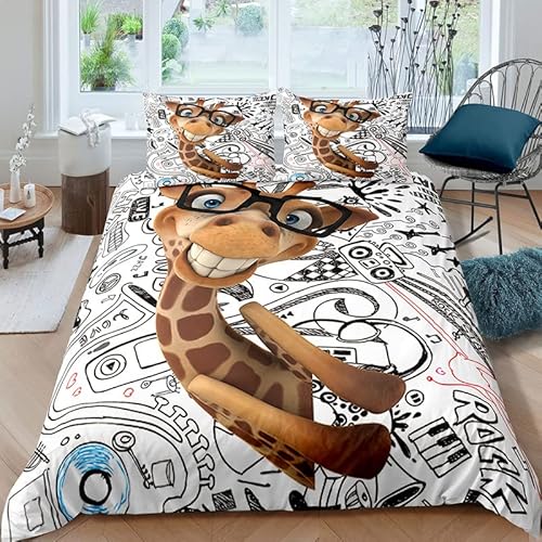 YELDAN Lustige Giraffe Bettwäsche Set 135x200 cm, Karikatur Muster Design, Bettbezug und Kissenbezug 2 teilig, Weiche Allergiker Microfaser Bettwäsche-Sets von YELDAN