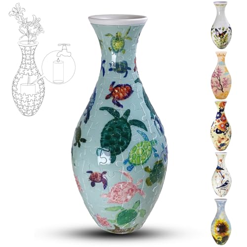 3D-Puzzle-Vase für Erwachsene, 160 Teile, DIY-Puzzle, 3D-gebogenes Puzzle mit Wassersäule, perfekt für die Präsentation echter oder künstlicher Blumen und Blumenarrangements (Happy Turtles) von YELVYA