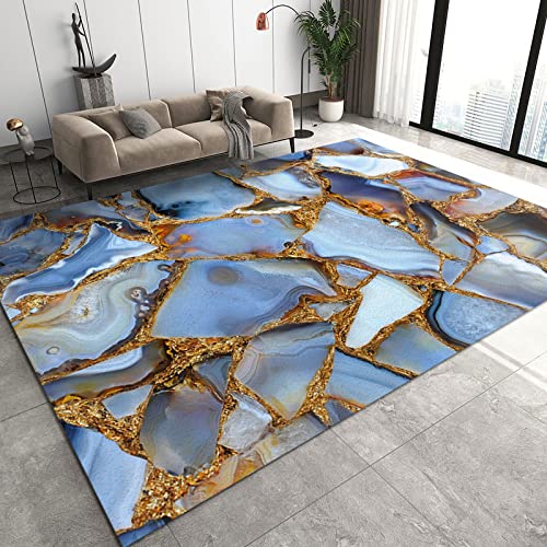 YEMYOR Abstrakter Luxuriöser, Schatzblauer Marmor Vergoldeter Dekorativer Teppich, Nordischer Unregelmäßiger Jadevergoldeter Kleiner Teppich, Rutschfester Innenteppich-70x120cm von YEMYOR