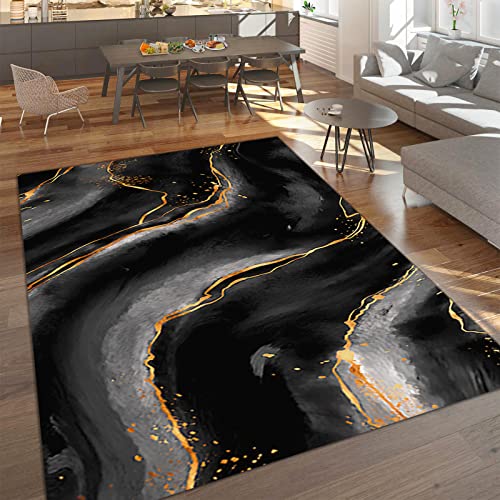 YEMYOR Abstrakter Teppich Mit Schwarzem Hintergrund Und Goldenem Muster, Goldener Teppich Mit Unregelmäßigem Fließmuster, Maschinenwaschbarer, Geeignet Für Zimmer, Wohnzimmer, Flur-180x270cm von YEMYOR