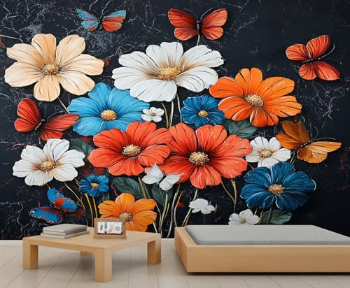 YEMYOR Blumen Wandbilder 3D Blumens Schmetterling Tapete Rustikale bunte Blumen Wohnzimmer Wandbild Tapeten Abstrakte schwarze Marmor Wandbild Mieter freundliche Tapete-280x200cm von YEMYOR