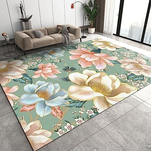 YEMYOR Böhmischer Grüner Blumen- Und Pflanzen-Dekorationsbereichsteppich, Blau-Rosa Goldene Pfingstrosenblumen-Bereichsteppiche, rutschfeste Teppiche Mit Hoher Dichte-120x170cm von YEMYOR