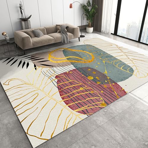 YEMYOR Boho-Teppich mit abstraktem Pflanzenblattmuster, einfacher Goldfolien-Palmblatt-Schlafzimmerteppich, maschinenwaschbarer Teppich für Wohnzimmer, Esszimmer, Bauernhaus-180x220cm von YEMYOR