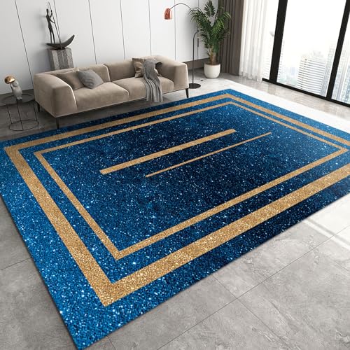 YEMYOR Dunkelblauer Schlichter geometrischer Teppich mit Goldfolie nordischer luxuriöser brillanter Wohnzimmerteppich im Schlüsselbereich für Studio-Schlafzimmer Couchtisch Sofa-60x100cm von YEMYOR