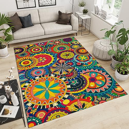 YEMYOR Exotischer Mandala-Blumen-Deko-Teppich, Böhmischer, Farbenfroher Spiralwirbelmuster-Teppich, Geeignet Für Jungen- Und Mädchenschlafzimmer, Arbeitszimmer, Bauernhaus-100x140cm von YEMYOR