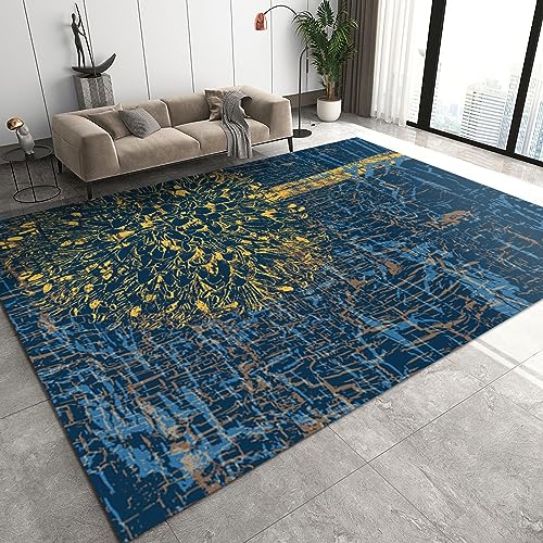 YEMYOR Tintenblauer Abstrakter Öl-Löwenzahn-Kunstteppich Vintage-Teppich mit meliertem Aquarell-Impressionismus Wohnzimmerteppich geeignet für Spielzimmer Büro Fußmatte Veranda-70x120cm von YEMYOR