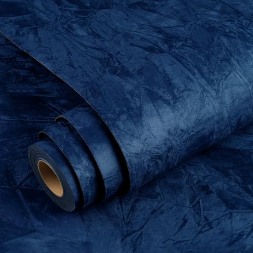 YENHOME Selbstklebende Tapete Samtstoff Dunkelblau Tapeten Wohnzimmer 60x300cm Selbstklebende Tapete Wand Blau Samtstoff Wandtapete Velour Wandtapete Luxus Samt Tapeten Schlafzimmer Schubladen von YENHOME