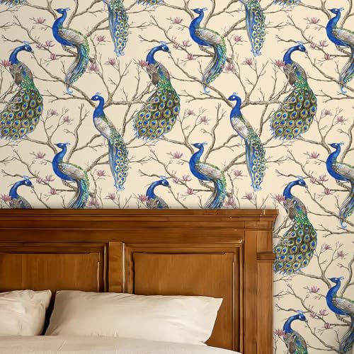 YENHOME Tapete Selbstklebend Gelb Zweige Pfau Schlafzimmer 44.5x300cm Selbstklebend Tapete Vinyl Klebefolie Gelb Muster Chinesischer Stil für Esszimmer Badezimmer Möbelfolie Schrank Arbeitsplatte von YENHOME