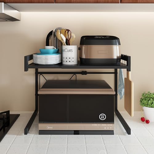 YENTAKE Ausziehbarer Mikrowellenständer mit 4 Haken, 36-57cm Mikrowellen Regal, Stehend Mikrowellenregal für Küche Organizer Mikrowellenhalterung(Schwarz) von YENTAKE
