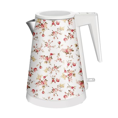 YENTEN 1,2L Kabelloser Edelstahl Wasserkocher – BPA-frei, 1000W Schnellkochender Teekocher, Trockengehschutz, Modernes Design, Ideal für Zuhause | Rote Blumen von YENTEN