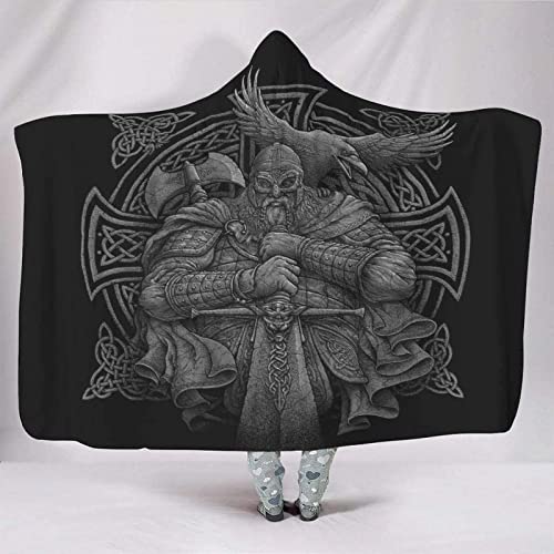 Wikinger Odins Decke mit Kapuze Weich Wohndecke Schlafdecke Sofadecke Plüschdecke Pelzdecke Wearable Nordisch Mythologie Sherpa Blanket (Odin Krieger Schwert Axt Rabe, Erwachsener 150x200cm) von YEOL