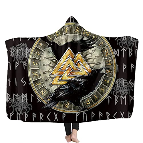 YEOL Wikinger Odins Decke mit Kapuze Weich Wohndecke Schlafdecke Sofadecke Plüschdecke Pelzdecke Wearable Nordisch Mythologie Sherpa Blanket (A, Erwachsene 150x200CM) von YEOL